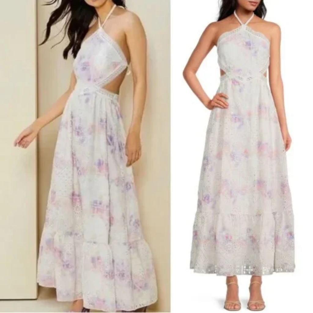 New Gianni Bini Size 12 Embroidered Eyelet Halter Maxi Dress Tie Dye Cut-Out